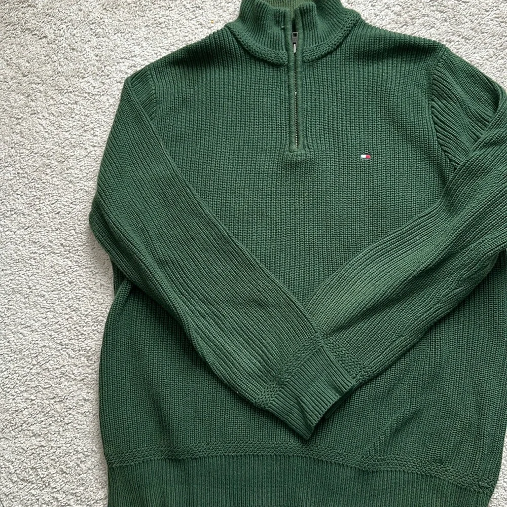💯 cotton cable knit sweater with 1/4 zipper , green, size medium